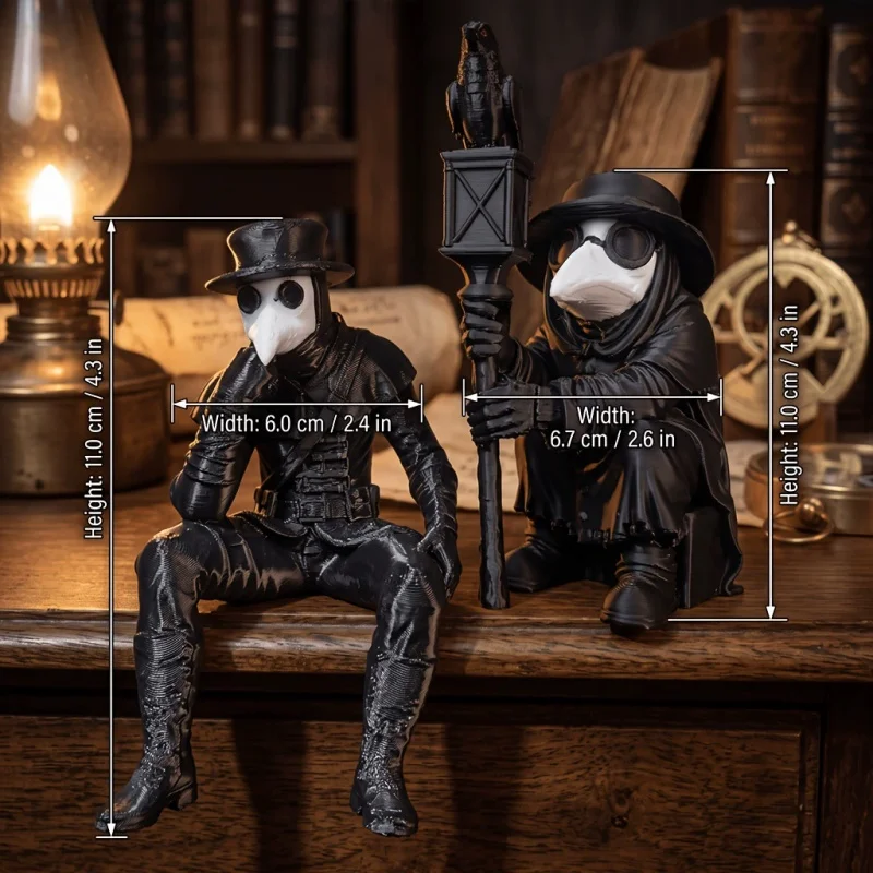 3D Printed Plague Doctor Figurine Gothic Halloween Desktop Ornament Black White Mask Mini Statue for Home Party Collectible Gift
