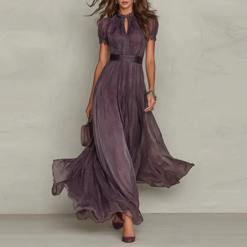 Elegant Chiffon Lace Trim Midi Dress Stand Collar Neck Puff Sleeve Cinched Waist Draped A Line Flowy Women's Casual Dresses