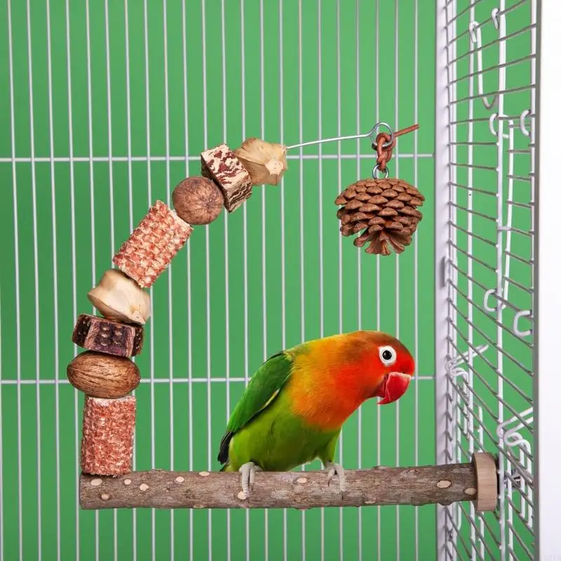 D7YB Burung Bertengger Kayu Stand Untuk Burung Induk dengan Pinecone Gelombang Gerinda Untuk Mengunyah Aman dan Cabang yang