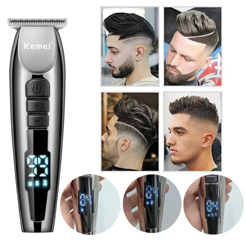 Cortadora de pelo eléctrica Kemei LCD, recortadora profesional USB para hombres, Máquina para cortar cabello