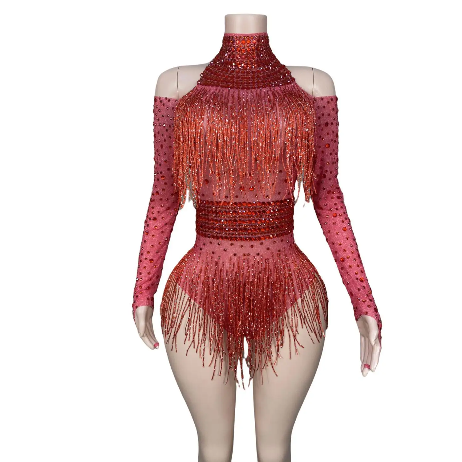 

Sexy Red Spandex Bodysuit Rhinestone Long Sleeve Jumpsuits Tassel Performance Costumes Party Evening Bodycon Romper Hongdenglong