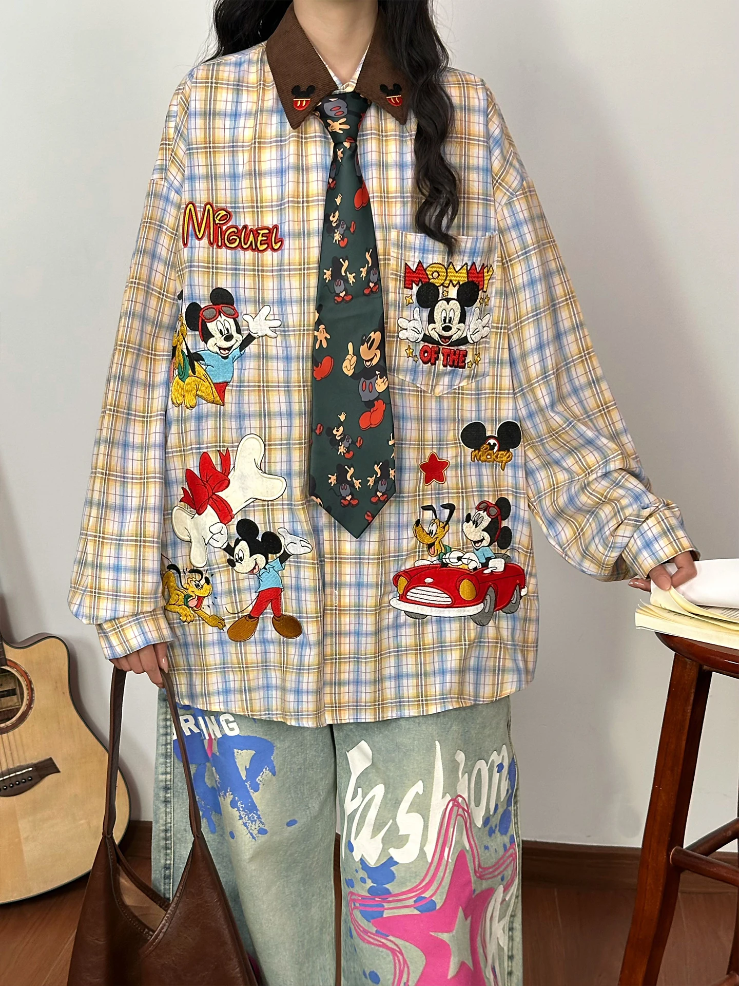 Retro Long Sleeve Casual Shirt with Cartoon Embroidery Loose Mid-Length Top Yellow Plaid Women Tops 2025 Autumn New