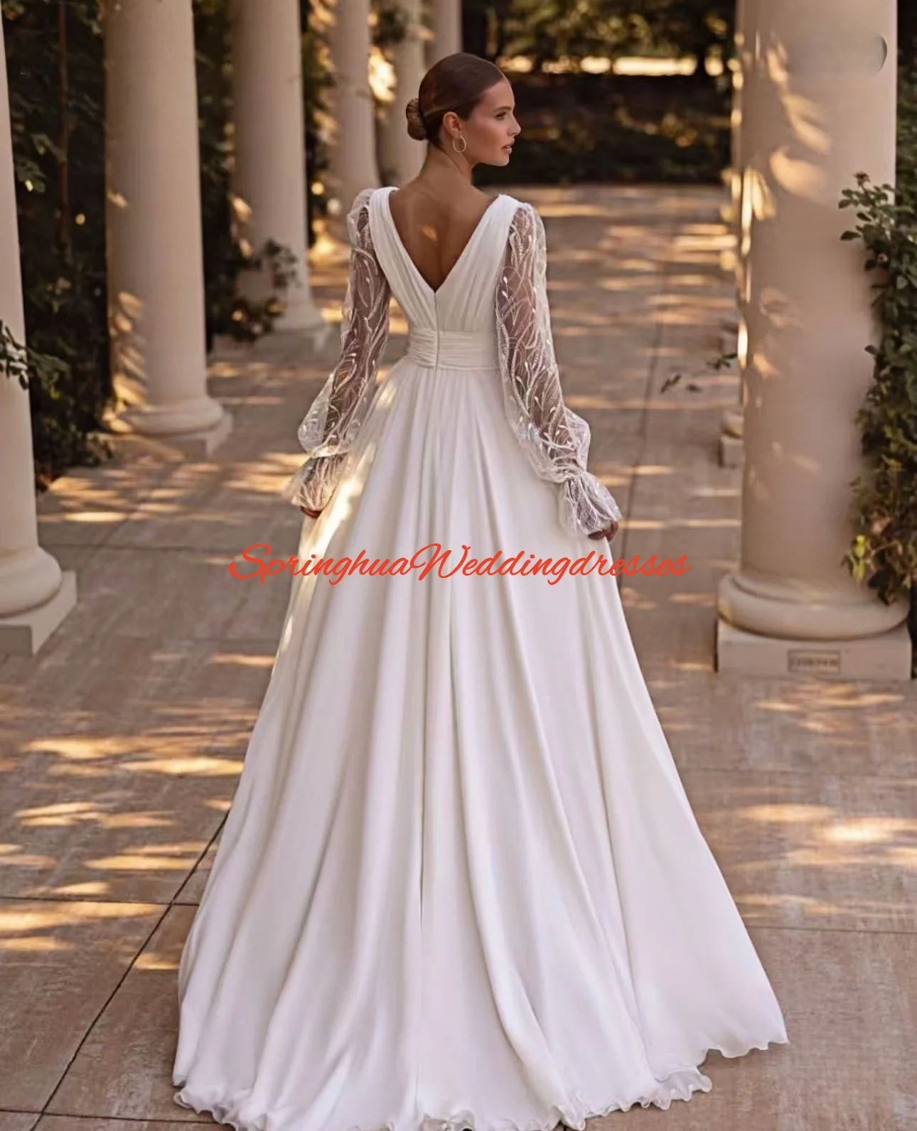 カスタマイズされたウェディングドレス女性のためのパフスリーブ V ネックジッパー A ラインアップリケシフォン Vestido