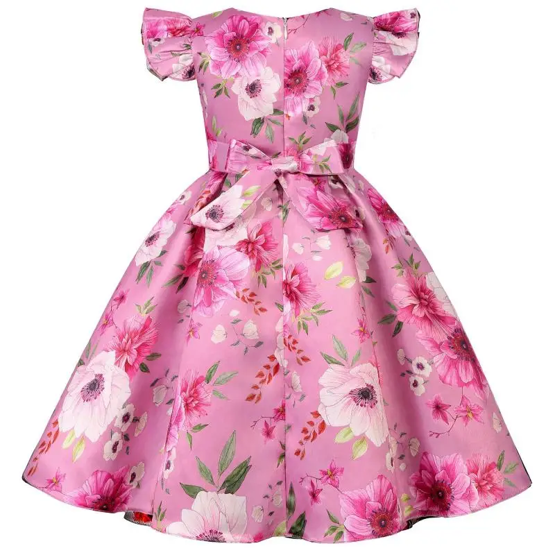 Summer New Girl's Printed Flying Sleeves Bow Fashion Dress Party Walk Birthday Wedding Sweet and Cute Dress for 2-10 Years