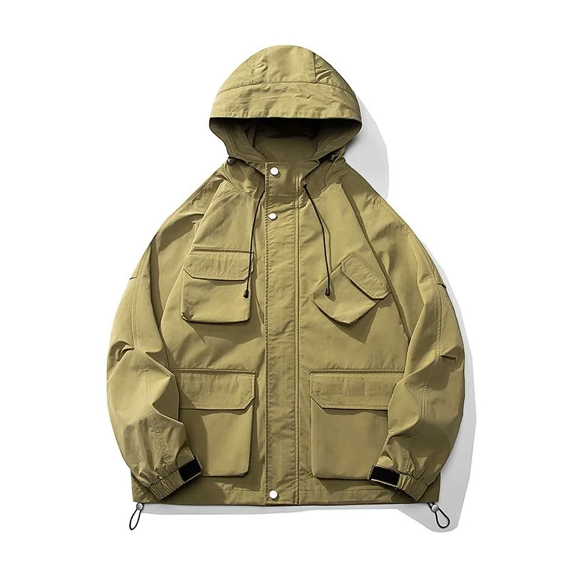 

Autumn and Spring Fashion Solid Color Outdoor Sports Multi-pocket Workwear Jacket Men's Casual Loose High-quality Hooded Coat