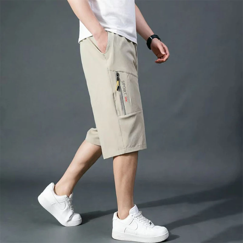 

Men High Quality Summer Sports Seven Point Pants Men Loose Fitness Pants Men Breathable Cool Ice Silk Mid Pants Casual Running