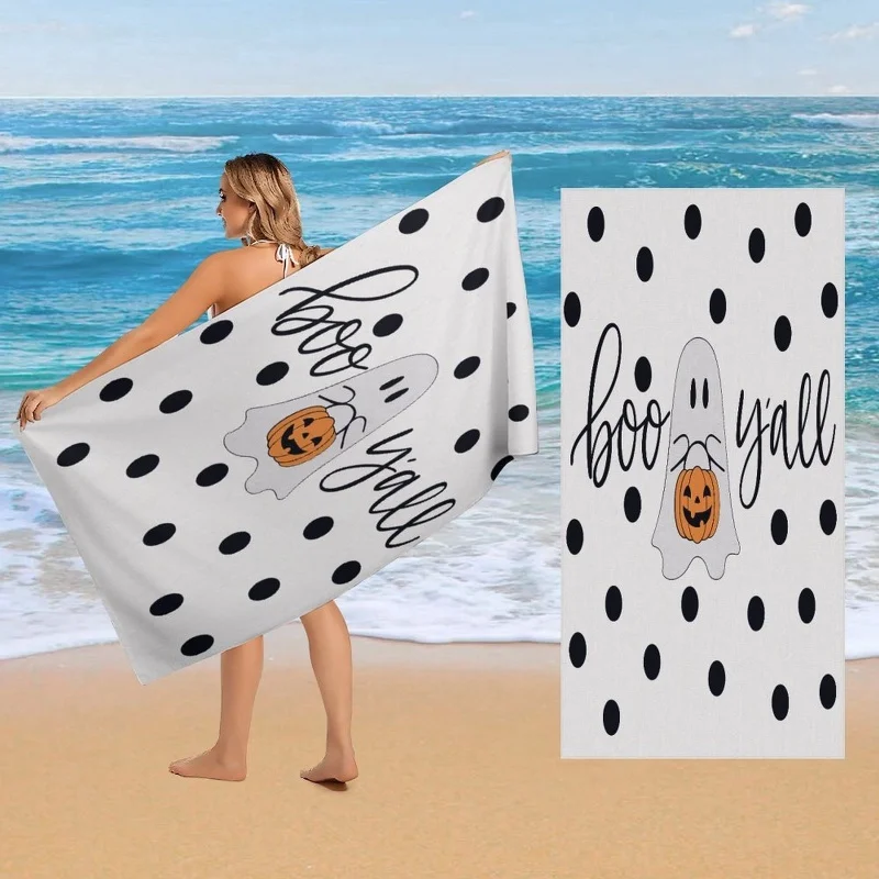 Newest Beach Towel Pink Glitter Background Ghost Pumpkin Witch Hat Bat Print Beach Towel Soft Microfiber Bath Pool Towel