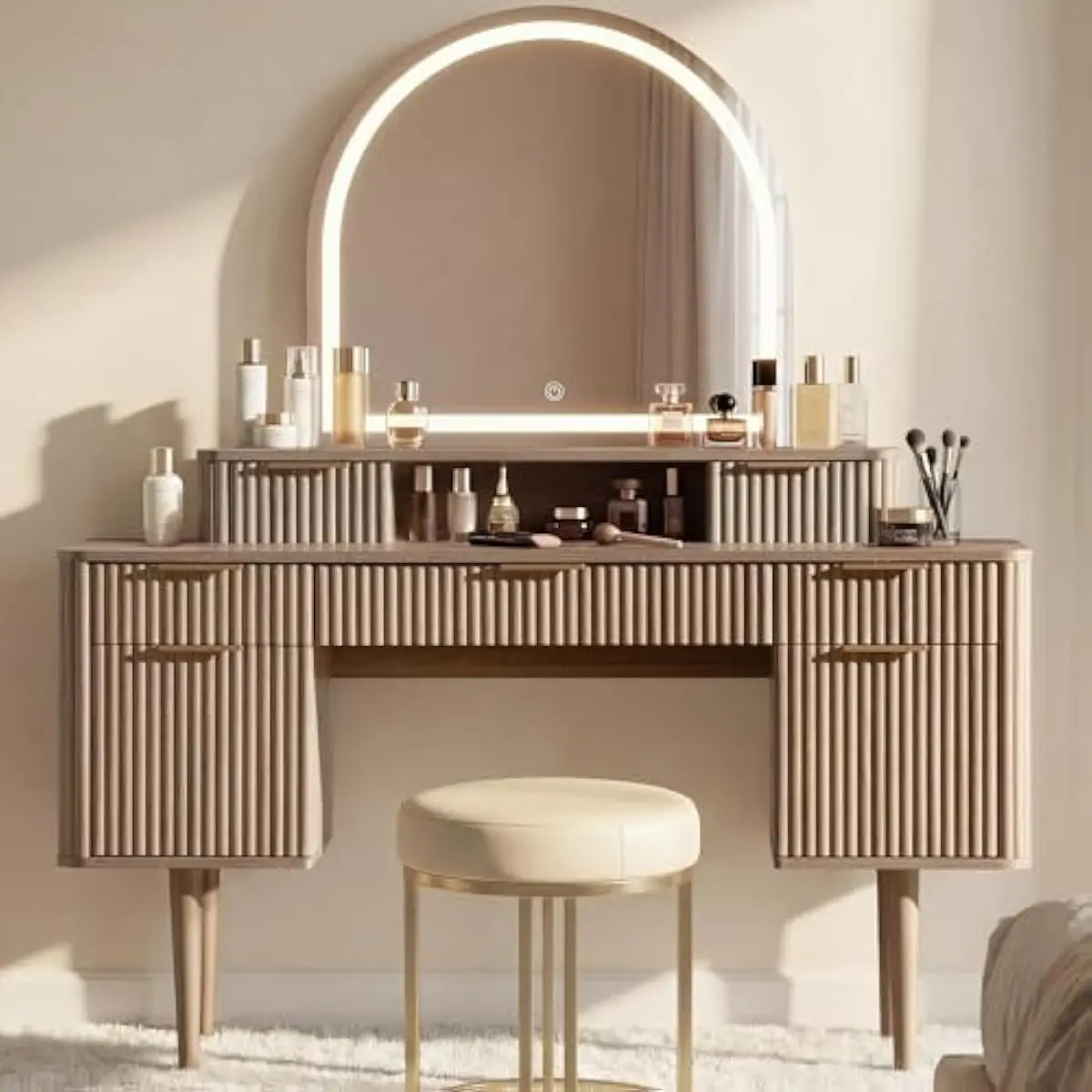 55.67 inch wide fluted modern vanity desk with arched LED mirror, engineered wood construction, 7 storage drawers, adjustable wa