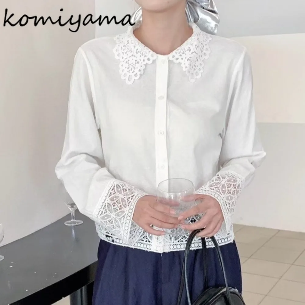 

Hollow Out Lace Woman 2025 Shirts & Blouses Laple Neck Single Breasted Blusas Mujer Long Sleeve Ropa Korean Clothing Camisas