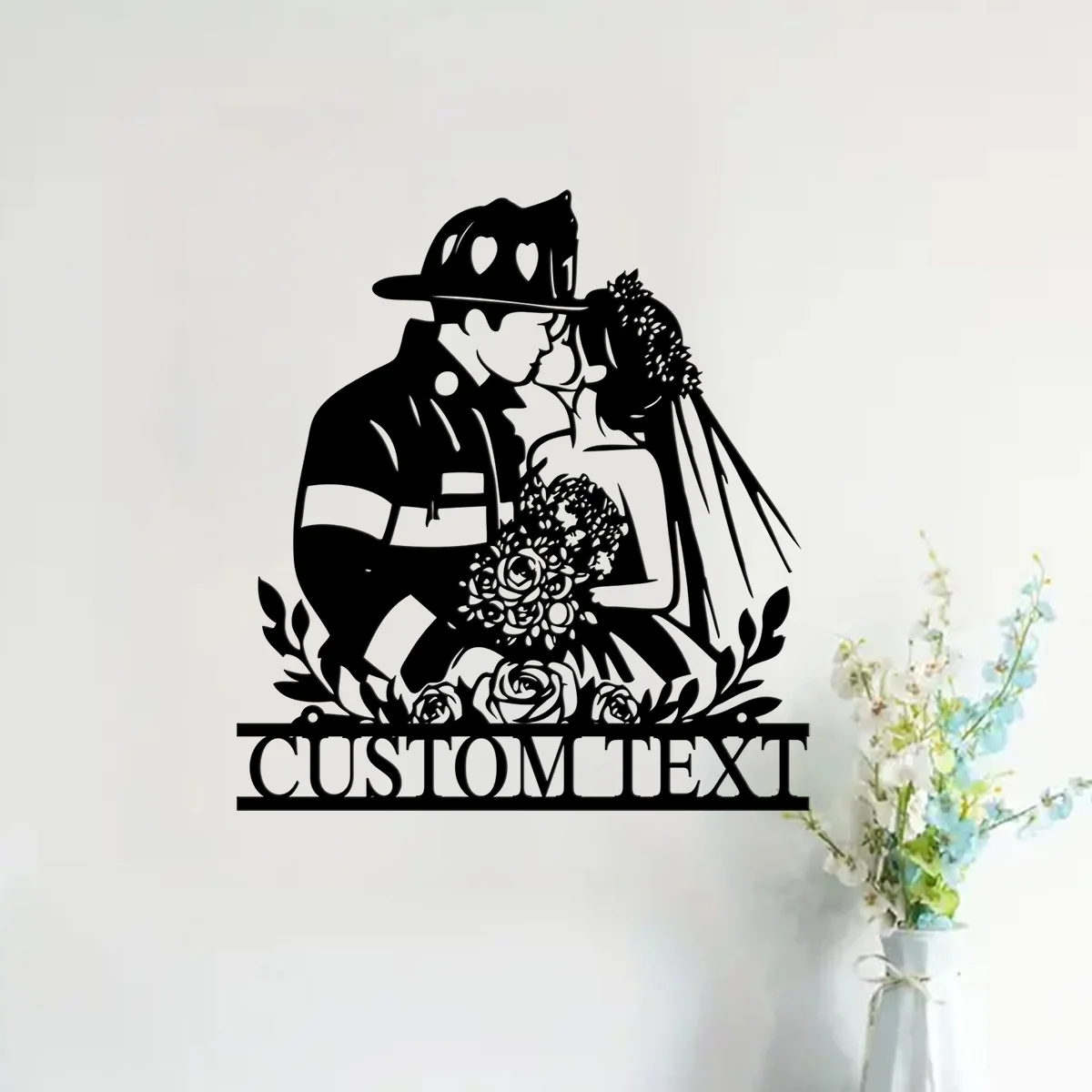 Custom Firefighter Couple Metal Wall Art, Personalized Fireman Bride Groom Name Sign Home Decor, Newlywed Wedding Gift Artwork