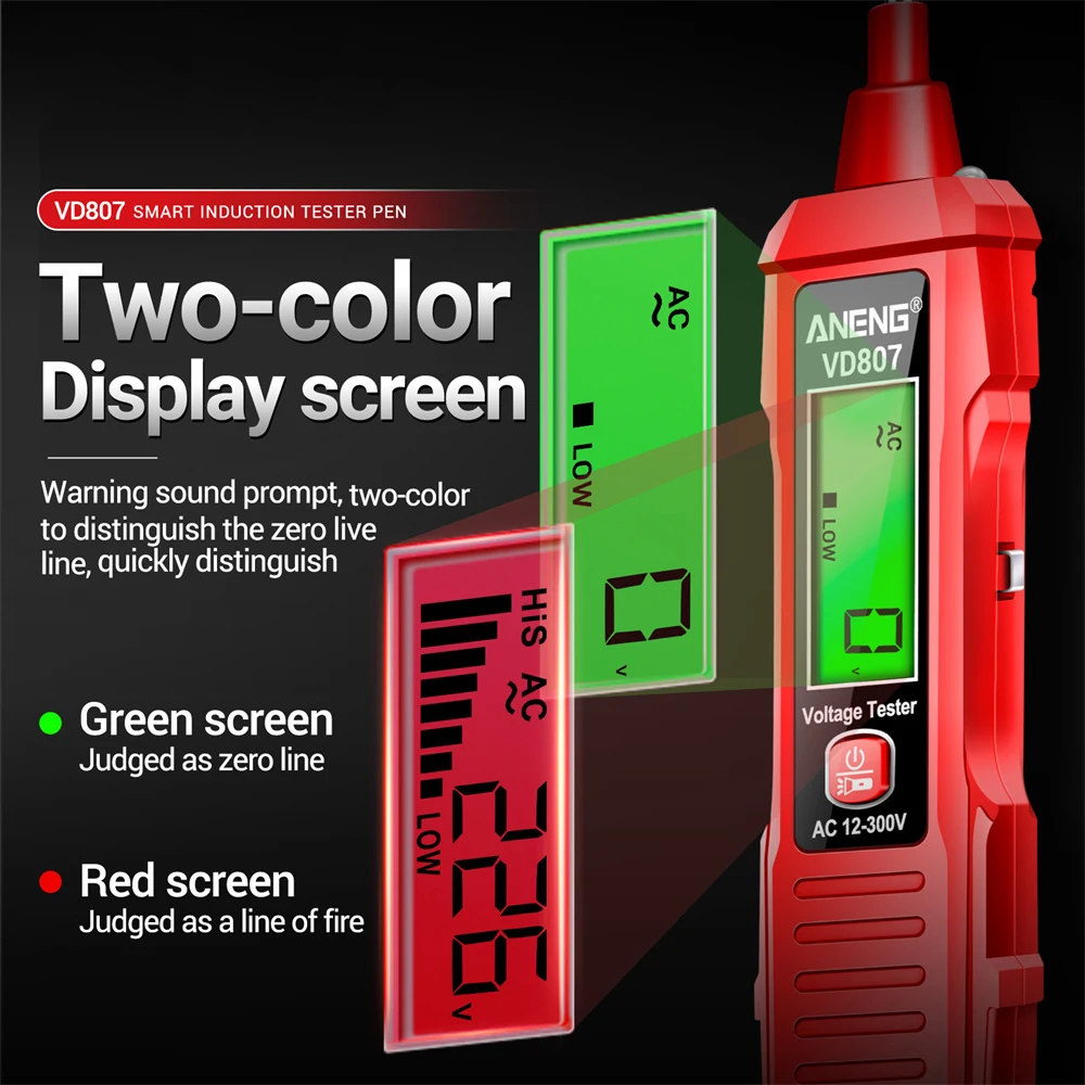 التيار المتناوب 12-300 فولت ذكي التعريفي الرقمي ثنائي اللون عرض صفر وسلك النار كاشف جهد خاص تستر للقياس