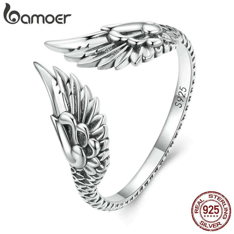 

Bamoer 925 Sterling Silver Vintage Wing Opening Rings Hip Hop Couples Creative Punk Finger Ring for Women Unique Fine Jewelry