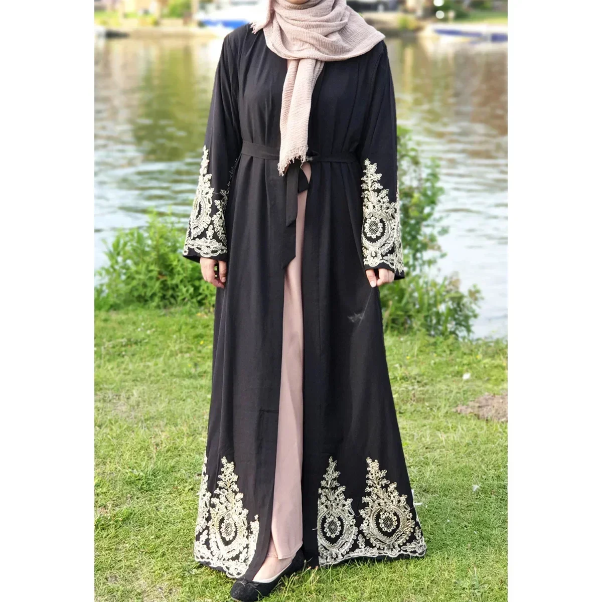 Moda Patchwork batas abiertas Casual Dubai Abaya vestido musulmán Abayas ajustadas para mujeres con cordones cárdigan de manga larga vestido largo