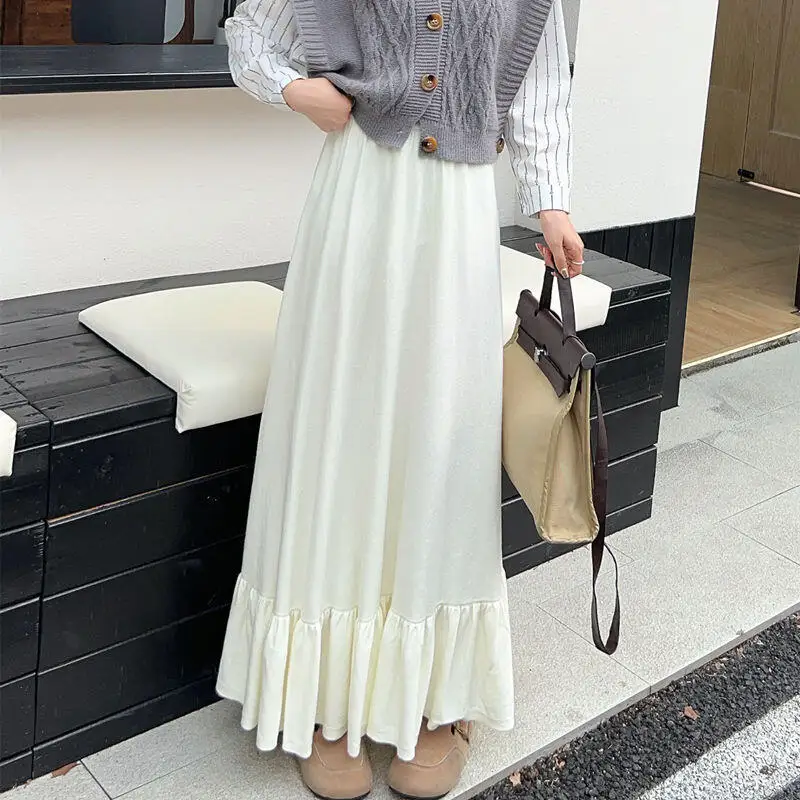 Saia longa de malha feminina outono inverno retro cintura alta versão coreana lazer idade reduzindo borda folha de lótus saia plissada