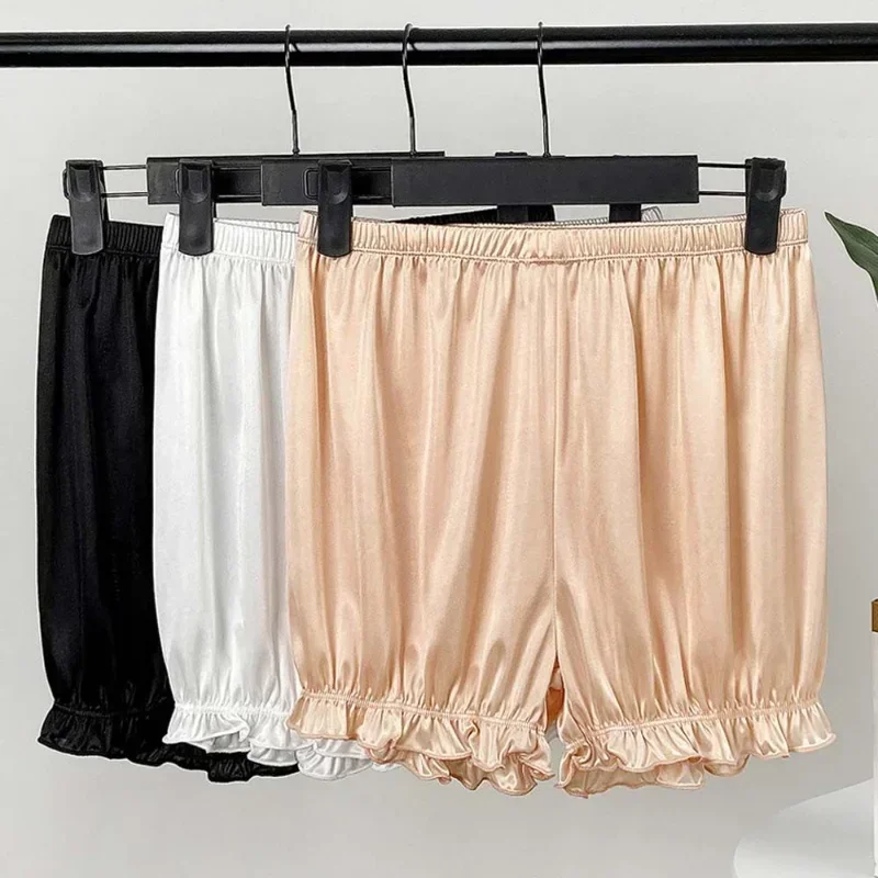 wowen Elegant Satin Pants Ice Silk Ruffled Pumpkin Design Spandex Material for Comfort Stretch Thin Leisure Home Sleeping Shorts