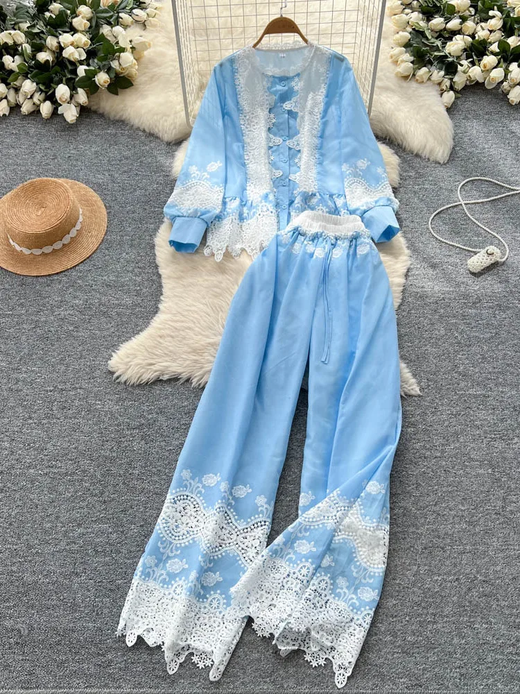 

Ele Hollow out Lantern Sve Lace Me Pants Women's Summer irt And High Waist Pant Set Faionable Two Piece Suit