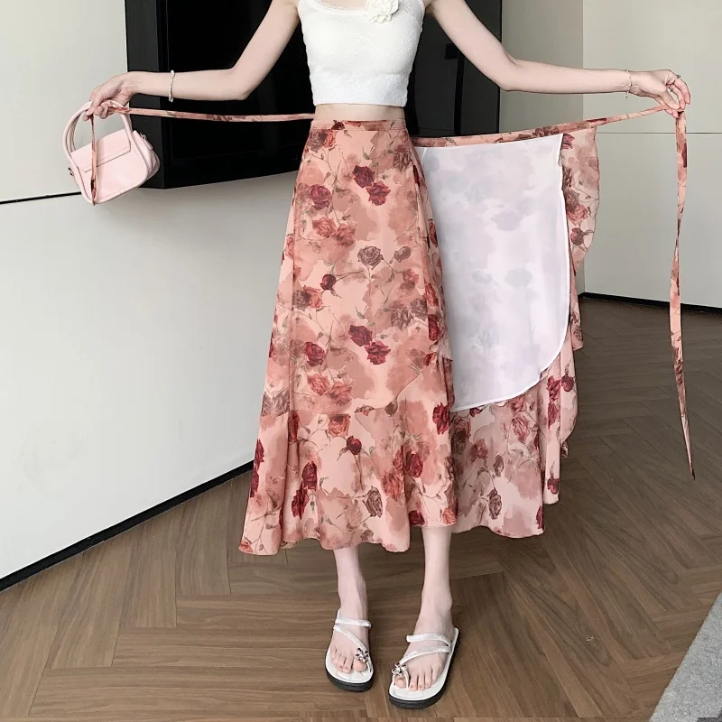 

Пляжная шифоновая юбка с принтом роз, асимметричная, с разрезом, кружевная, с цветочным узором, для женщин, летняя, цельная