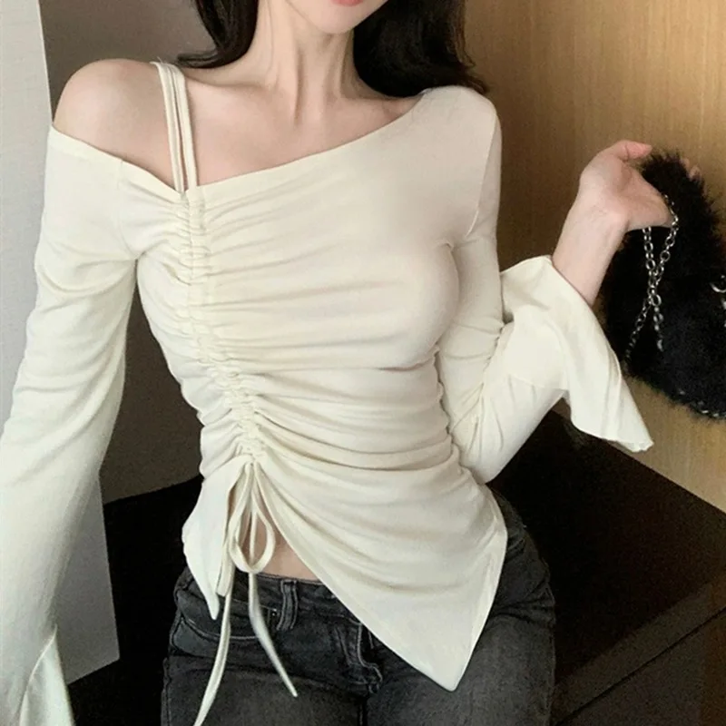 Open-shoulder Long-sleeved Pullover Polyester T-shirt Women's Irregular Slim-fit Slimming Base Shirt Sweet T Shirts For Woman