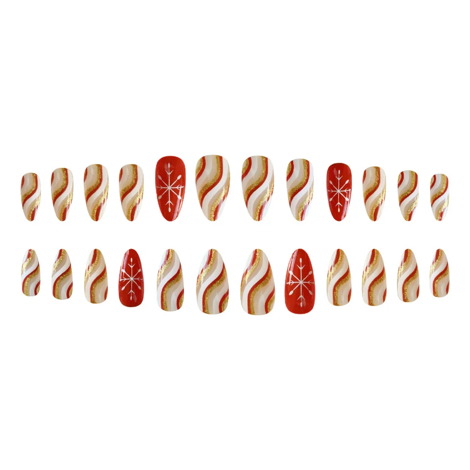 Natal Nail Art cola Patch Dicas, vermelho, branco, Ouro, Glitter, listras, unhas postiças, floco de neve, amêndoa, Press-On, 24pcs