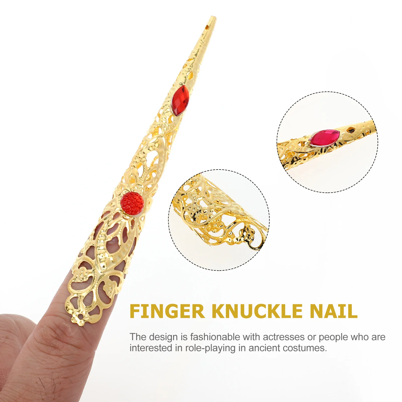 

10Pcs Gold Rhinestones Finger Nail Tip Rings Chic Hollow Alloy Costume Accessory for Belly Dance Halloween Cosplay Performance