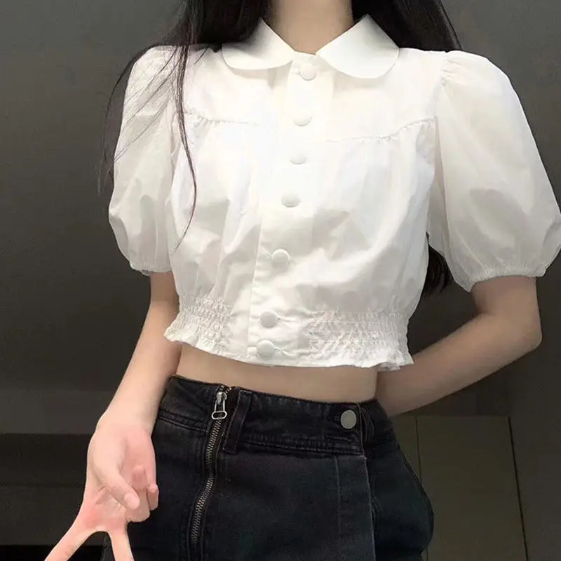 

White Preppy Style Shirts Women JK College Lolita Fashion Sweet Girlish Crops Blusas Casual Puff Sleeve Cute Peter Pan Collar