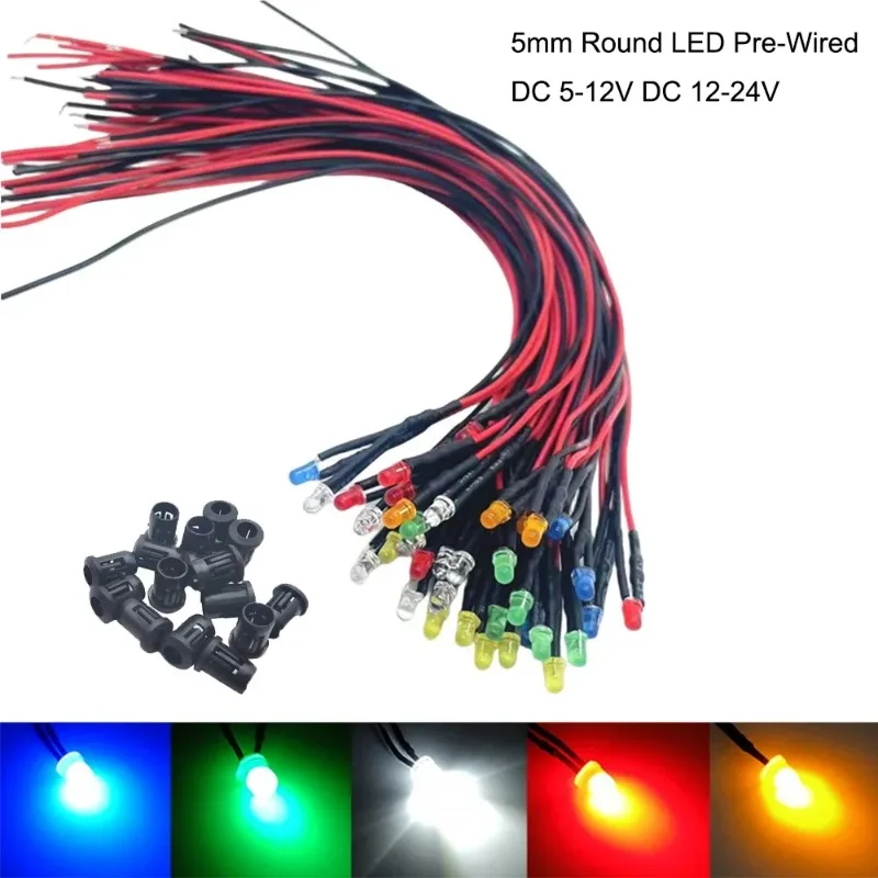 10 Uds 3mm 5mm diodo Led redondo DC5V 12V 24V precableado agua clara diodos emisores de luz verde azul rojo blanco amarillo UV R