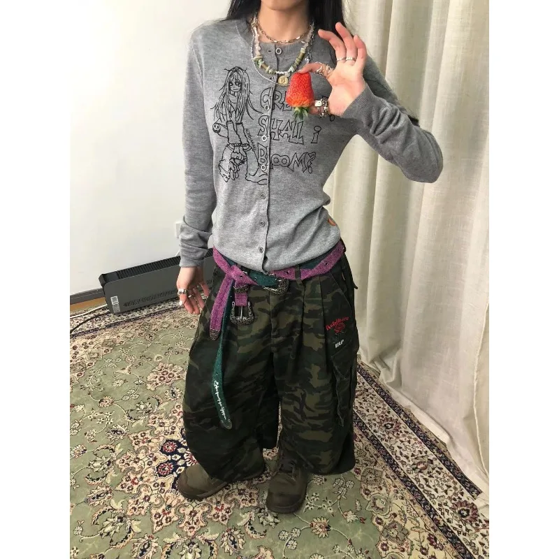 Deeptown-cárdigan de punto gótico de basura Y2k para mujer, suéter de manga larga con estampado de Anime Harajuku, moda japonesa de primavera