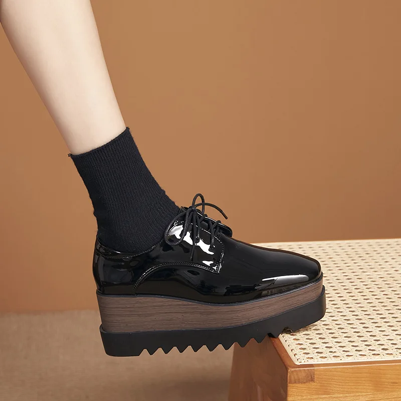 

Heightening Shoes Woman Lace up Wedges Platform Shoes Fashion Square toe Thick Bottom Loafer Casual Patent Leather Shallow Pump