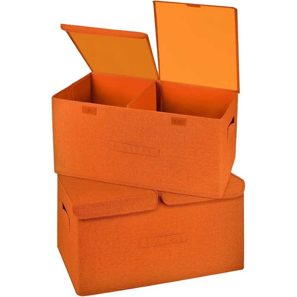 

Набор из 2 складных льняных коробок для хранения с крышками и ручками, органайзеры-контейнеры-корзины-кубы со съемными разделителями