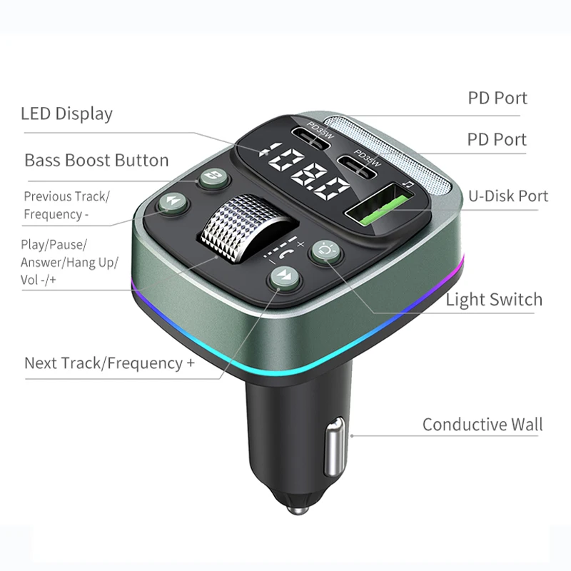 FM transmitter Bluetooth 5.4 car MP3 music player USB flash drive lossless car charger dual PD35W fast charging handsfree