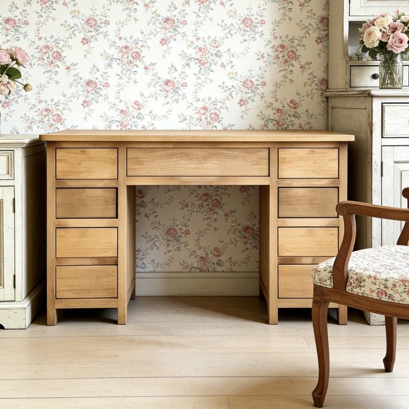 

French pastoral solid wood desk vintage style desk home study desk simple drawer design log color storage