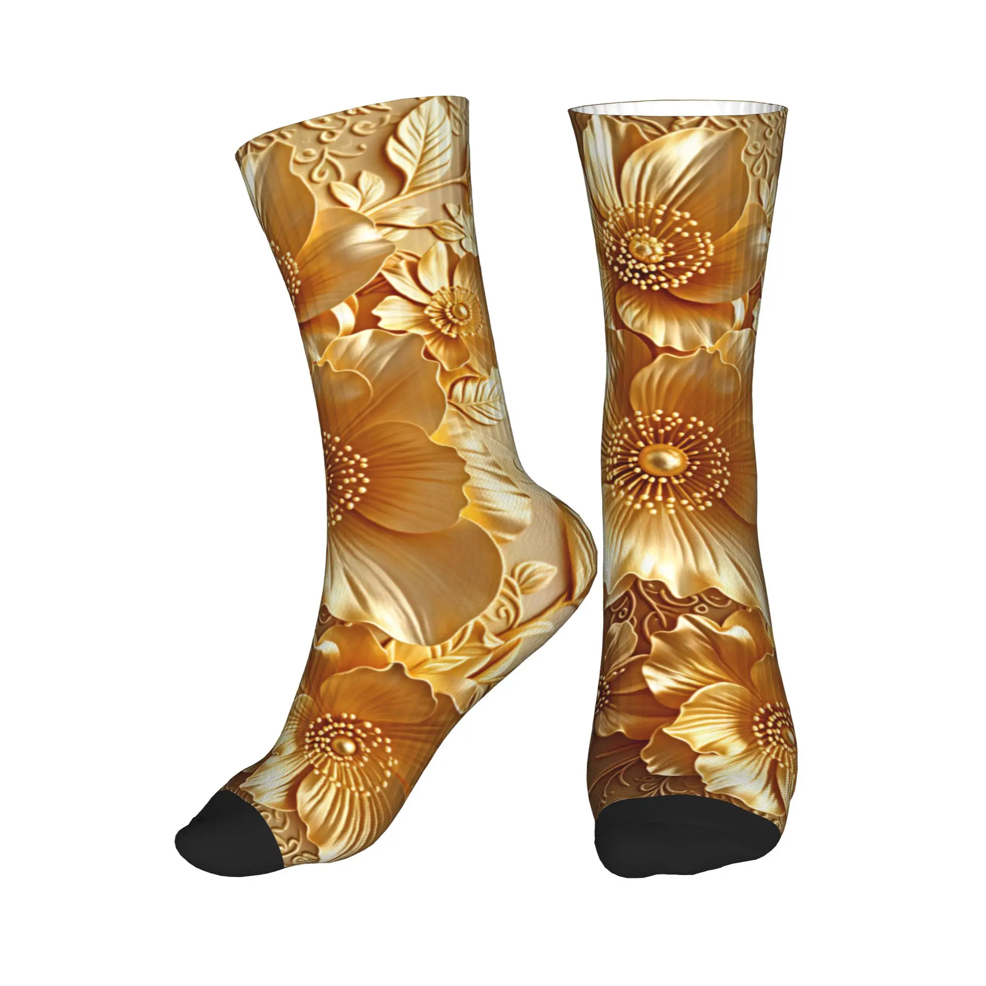 3D Embossed Golden Floral Seamless Print Dress Socks Mens Womens Warm Fashion Novelty  Crew Socks