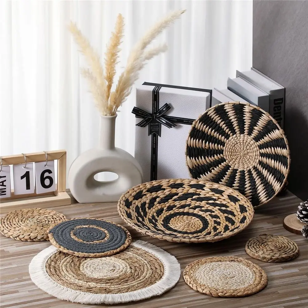 7PCS Boho Wall Baskets Round Shape Seagrass Handmade Wall Art Room Decor Rattan Wicker Hanging Wall Basket