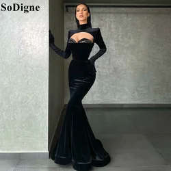 SoDigne Black Velvet Mermaid Evening Dresses High Neck Sequins Long Sleeves 2024 Sexy Party Prom Gowns for Women Custom Size