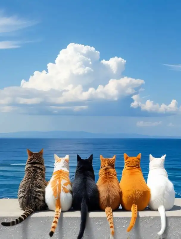 Die Katzen, die am Meer in einer Reihe sitzen, Diamantmalerei nach Zahlen, Diamantkunst-Wanddekoration für Spielzimmer oder Wohnzimmer