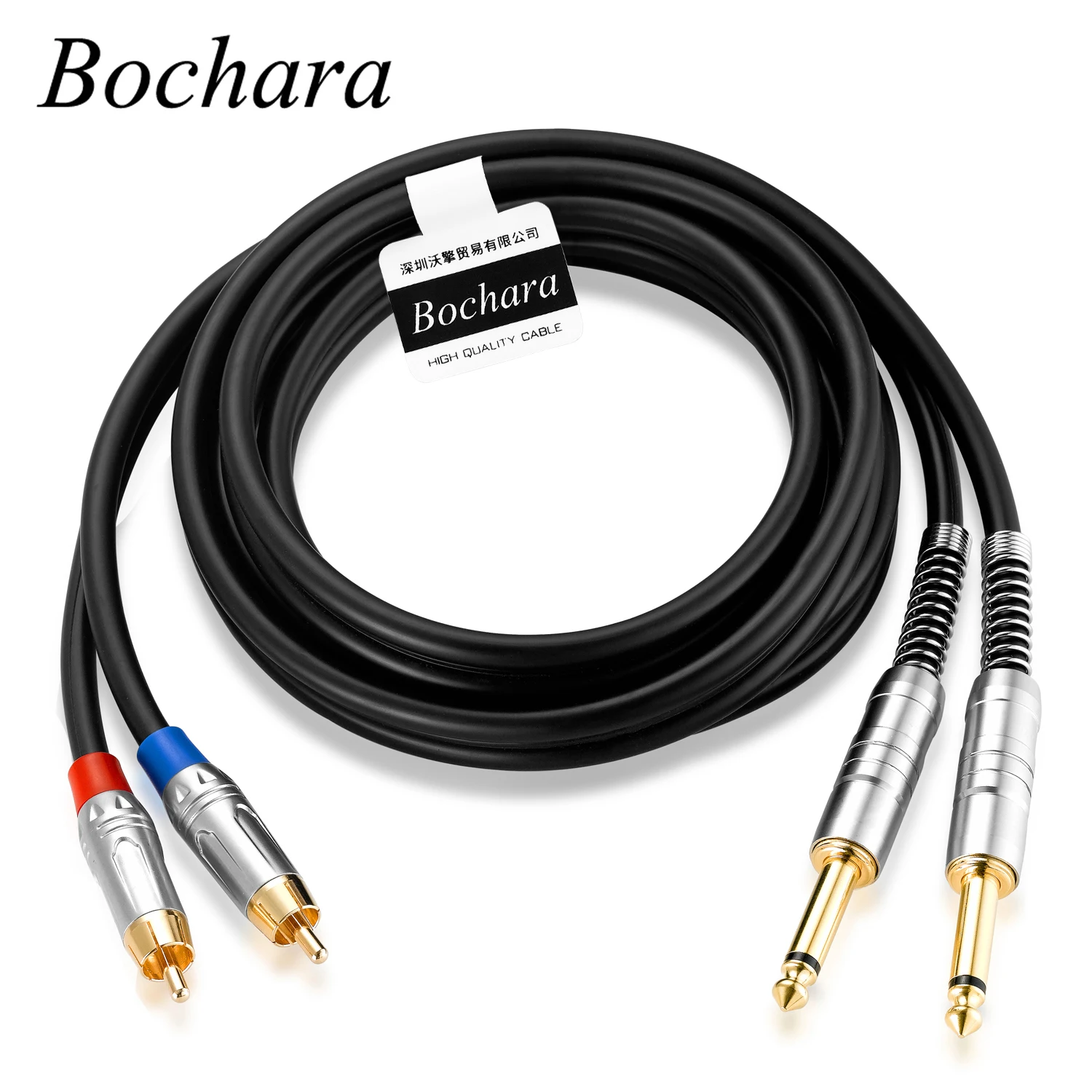 Bochara 2RCA do podwójnego 6,35 mm TS 1/4 cala Jack OFC kabel audio folia + pleciony ekranowany pozłacany 1,8 m 3 m 5 m