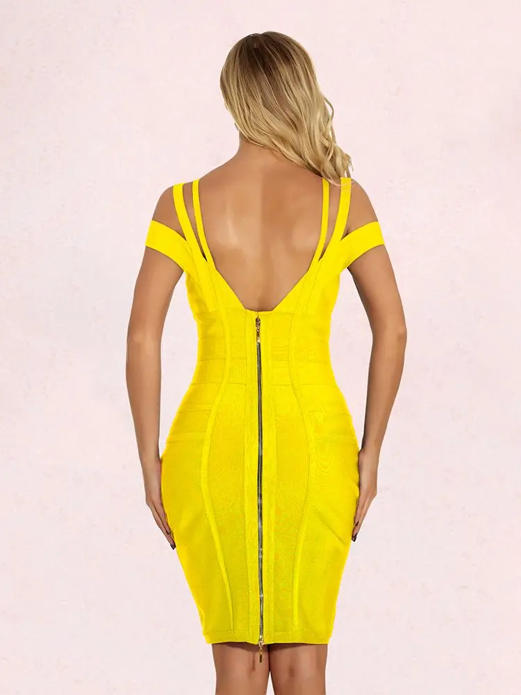 Vestido elástico hasta la rodilla de celebridad, amarillo desnudo, doble correa, cuello en V, vestido Bandage HL, barato, XL, naranja, vestido ajustado de color caqui