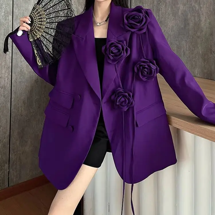 Women Purple Blazer Jacket Elegant Vintage Fashion Oversize Coat Y2k Suit Jacket Harajuku Long Sleeve Outwear 2000s Clothes 2024