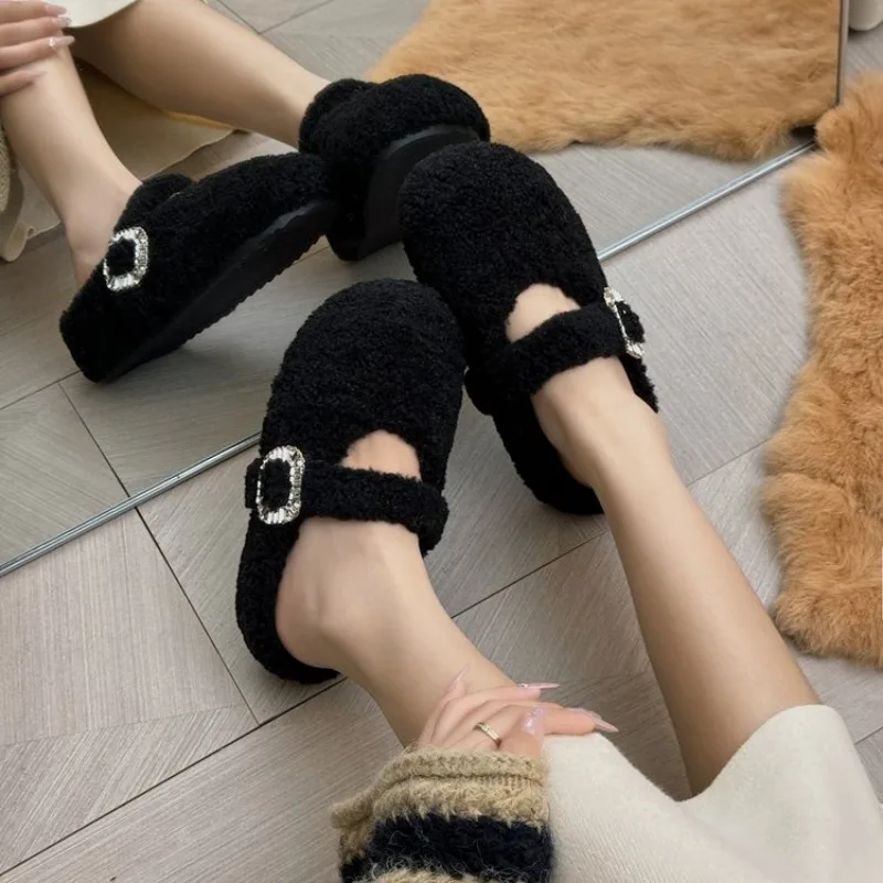 Round Toe Lamb Fur Shoes Woman Furry Mocasines Warm Winter Shoes Female Lambwool Slip on Loers Curly Fur Flats Women Fur Flats