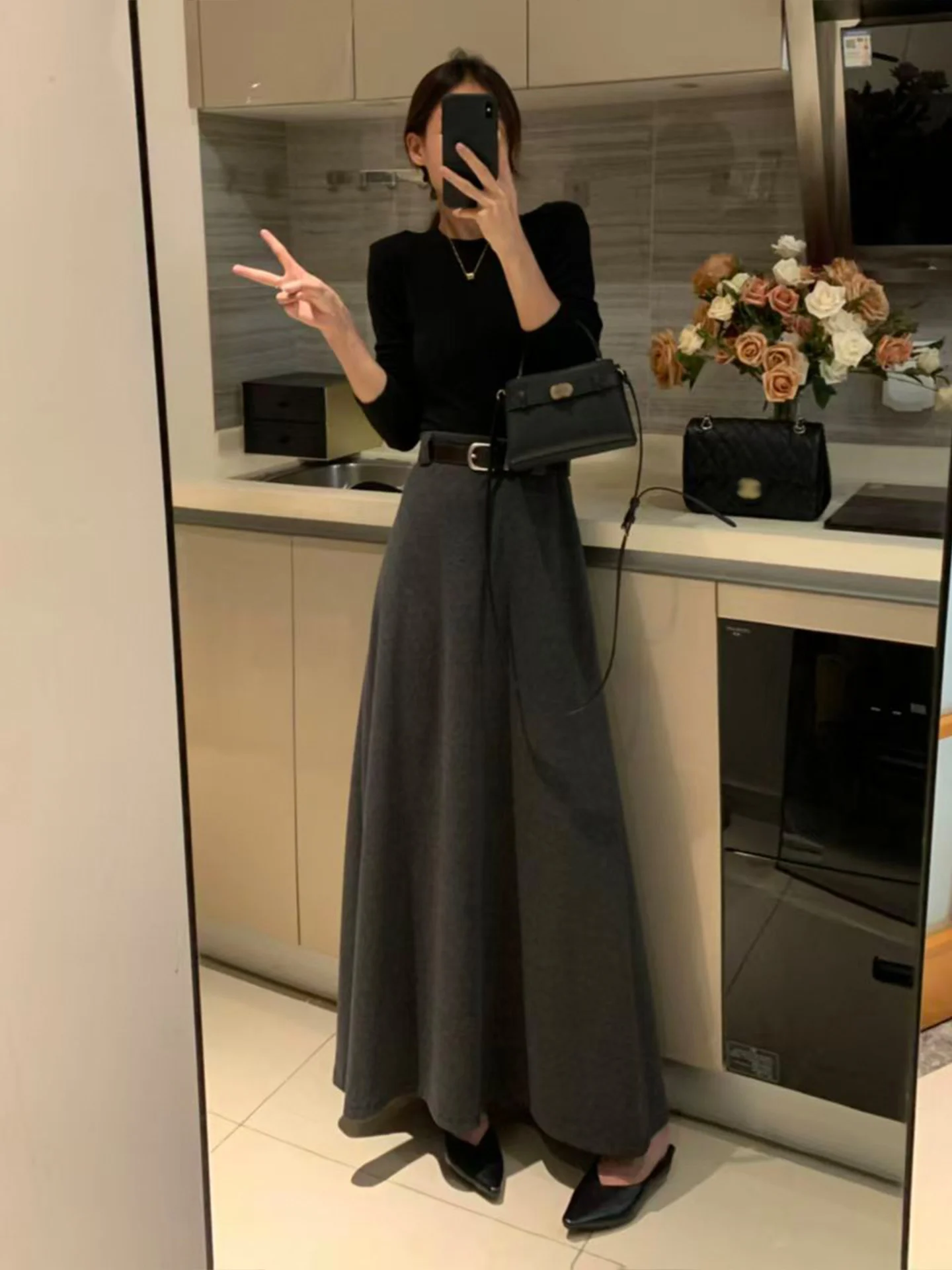 High Waist Long Woolen A-Line Skirt with Belt Korean Style Women's Fashionable Slimming Casual Skirt Autumn Winter