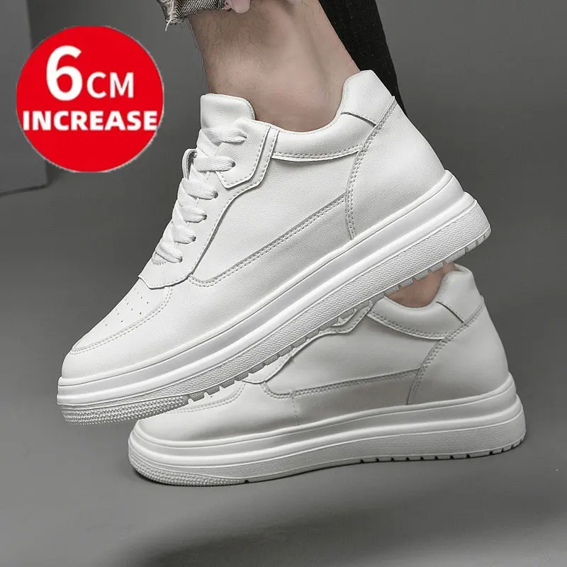 Sepatu lift kulit asli pria, sneaker olahraga peninggi tinggi, Sol dalam 6CM