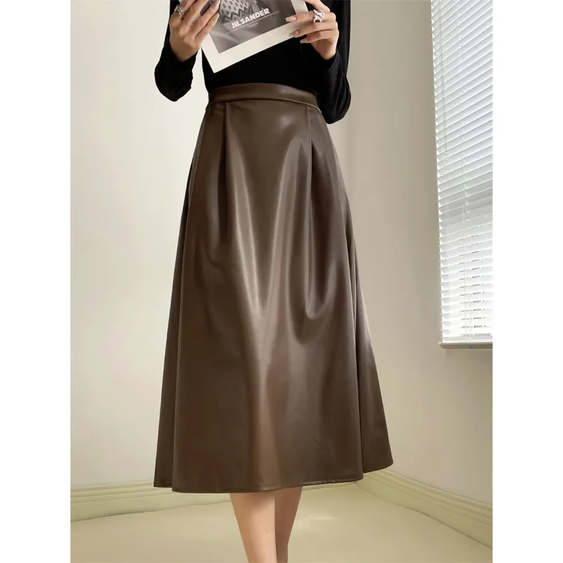 French Chic Autumn PU Skirts for Women Stretchable A-line High Waist Female Long Skirt Ladies Streetwear Leather Skirt