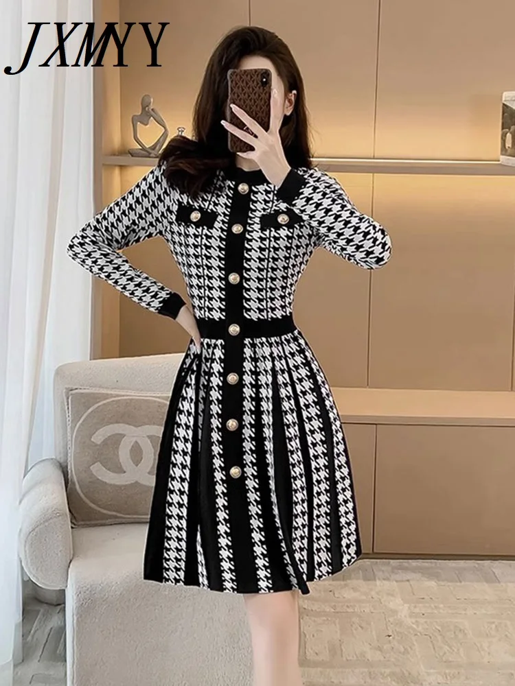 JXMYY-Women\'s Houndstooth Long Sleeve Knitted Dress, Pleated A-Line Skirt, Round Neck, Autumn and Winter Fashion, New, 2024