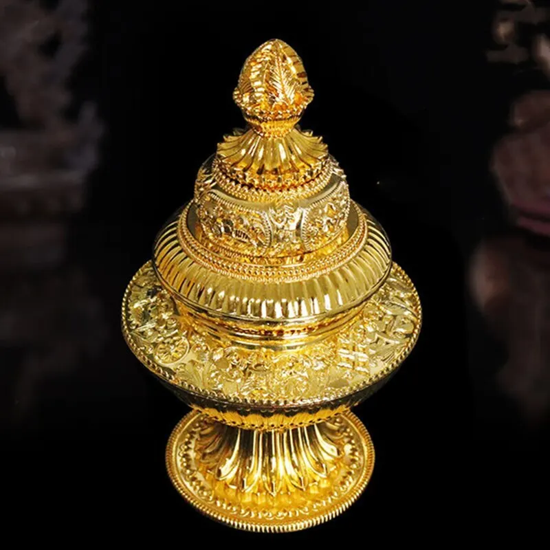 

Gold Buddhist Furnishing Rice Box Three layers Tantric Alloy Handicraft Tibetan