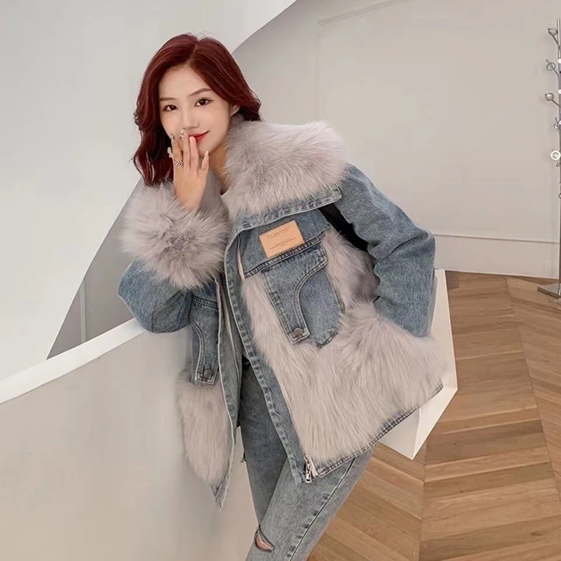 2024 Winter Warm Loose Denim Jacket Women Oversized Fur Collar Plus Velvet Padded Jacket Vintage Cotton Thick Warm Jean Outwear