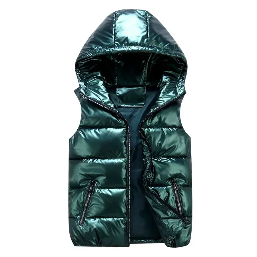 2025 nieuwe heren winter gewatteerde casual vest met capuchon glanzende mouwloze jas gewatteerde comfortabele warme jas waterdicht vest herenkleding