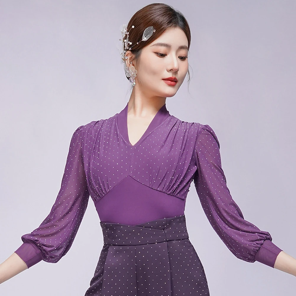 

Latin Dance Practice Top Gorgeous Samba Rhinestone Black Women's Long Sleeve Top Performance V-Neck Indigo Clothes