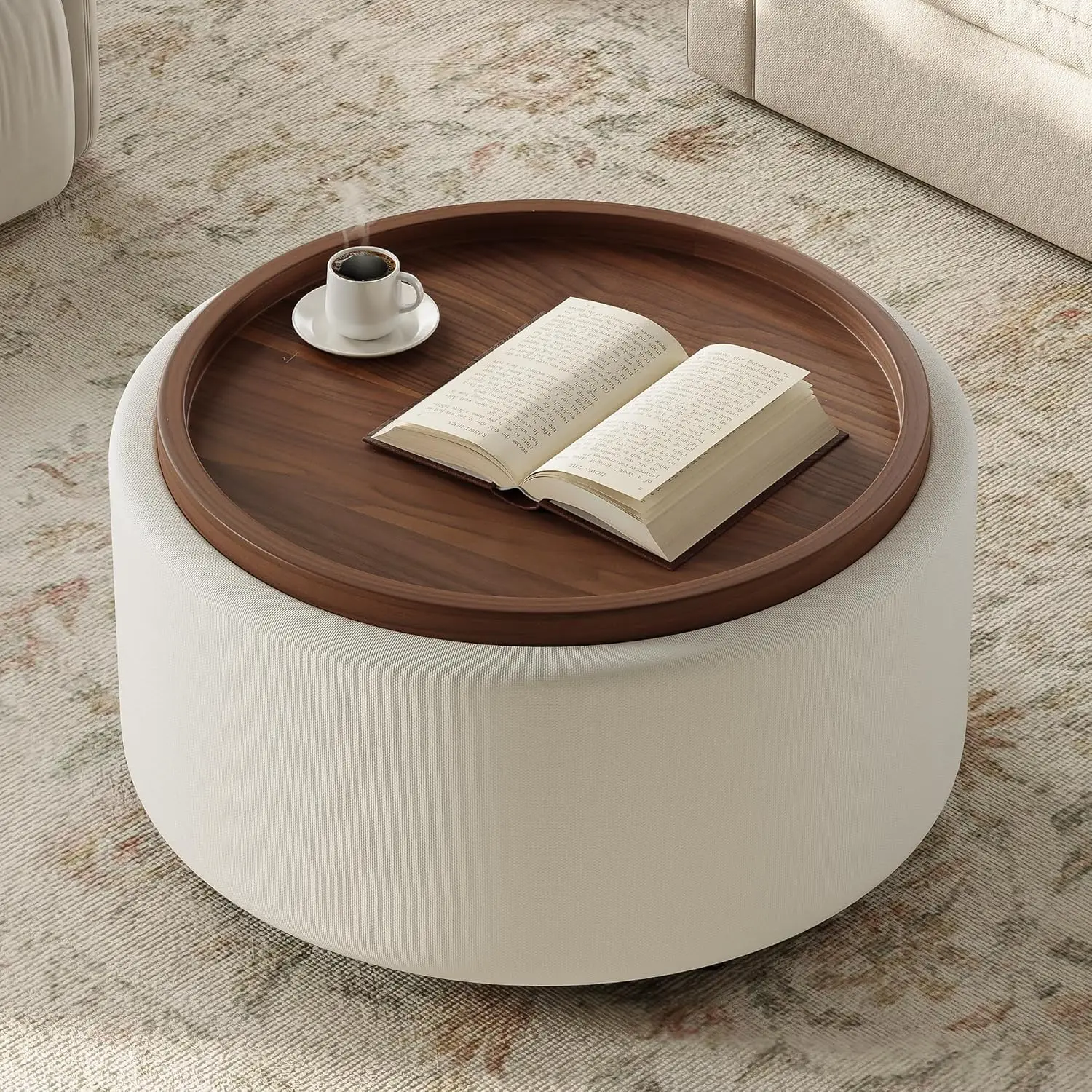 

Round Storage Ottoman Coffee Table with Walnut Tray, 30'' Round Ottoman with Storage, Modern Upholstered Coffee, Customized