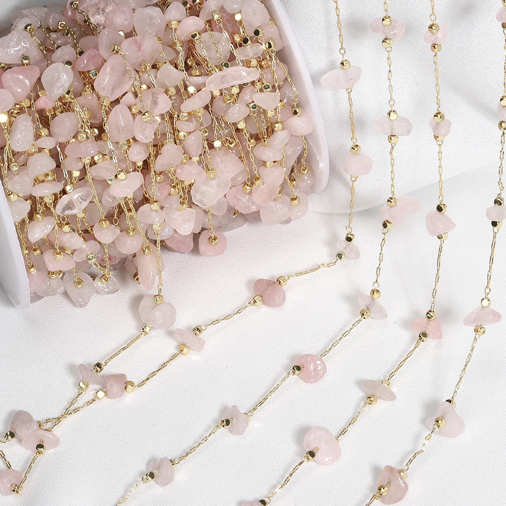 1meter Stone Chain Light Pink Gold Color Real Stone Irregular Beads Crystal Chains for Necklace Bracelet Jewelry Making DIY