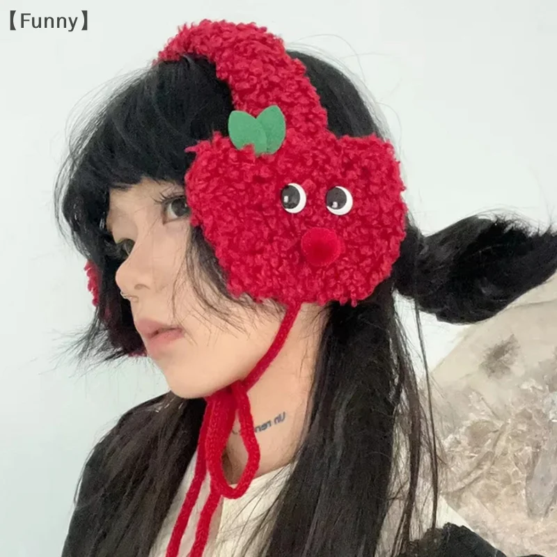 Cute Apple Shape Design Red Plush Earmuffs For Women Autumn And Winter Warm Ear Protection Fashion Versatile Straps Hairband